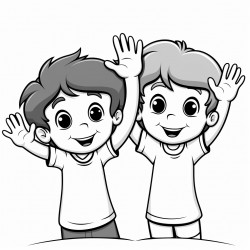 hello two children facing each other one with their hand raised in a wave and the other signing hello using als