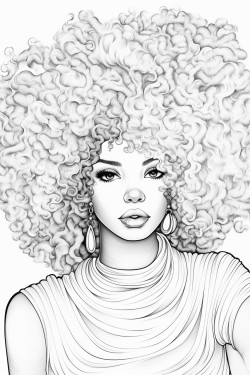 coloring page of black woman with white afro hair