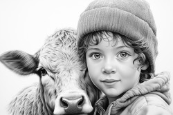 boy showing a cow