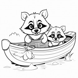 papa racoon helping baby racoon with his boat toy