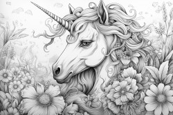 a unicorn playing in a flowery meadow