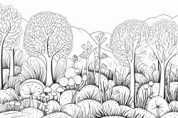 a blooming forest with diverse trees plants and flowers