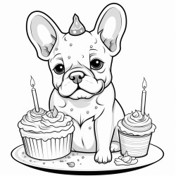 cartoon french bulldog with cake