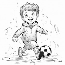 cute boy playing football in rain