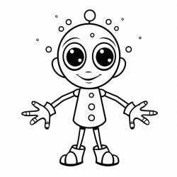 polka dotted alien with three orange eyes a green body 2 arms with 4 fingers 2 legs and short stuck at an airport