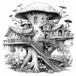mushroom monsters invading a rustic cabin treehouse