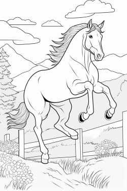create a drawing of a beautiful horse jumping over an obstacle in a green meadow capture the horses dynamic posture in midair with a background of trees flowers and a blue sky use a light and colorful style with clear outlines to convey joy and freedom