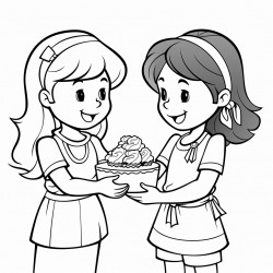 a girl giving fudge dessert to another girl