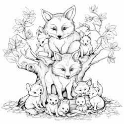 fox and its babies under some trees
