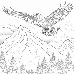 create a blackandwhite coloring page featuring majestic eagles soaring in the sky the eagles should have bold clear outlines with one spreading its wings wide include simple details like fluffy clouds distant mountains and sun rays leaving large spaces for easy coloring