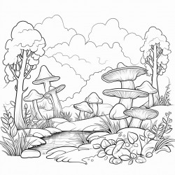 a forest landscape with mushrooms