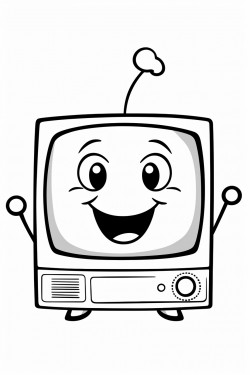 a cute tv with a happy face antennas and a small remote control next to it
