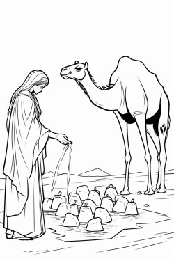woman drawing water from well for a group of camels