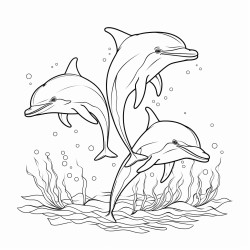 kids coloring page with delphins black and white simple line art style minimalist drawing white background style raw