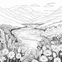 purplish blue mountains with river and a filed of flowers