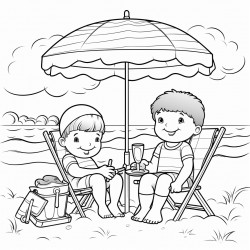 kids at the beach with their supplies by their chair under a umbrella
