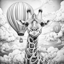 giraffe surrounded by clouds and hot air balloons