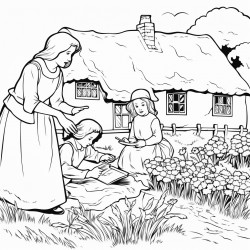 mother with 5 children weeding a garden in an old english countryside next to cobbled cottage with thatched roof