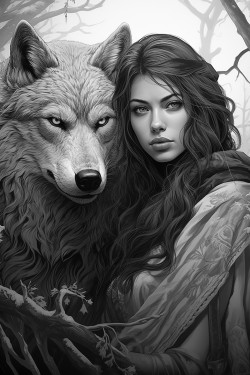 a badass tatted woman posing with her beautiful fierce black wolf
