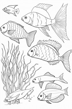 ocean animals with sea grass and fish