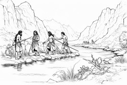native americans crossing a river on foot using a grapevine as a rope to keep them connected