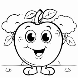 a cartoon character of an apple with a face in a garden