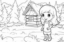 a cute little girl in a forest standing in front of a wooden cottage