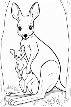 a hopping kangaroo with a pouch showing a baby kangaroo joey peeking out
