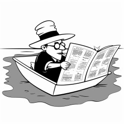 a cartoon of a man floating in the dead sea wearing a hat and reading a newspater