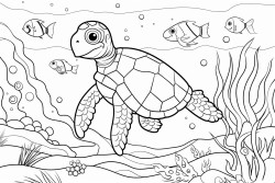 coloring page with a friendly sea turtle in front of corals and fishes with less black items