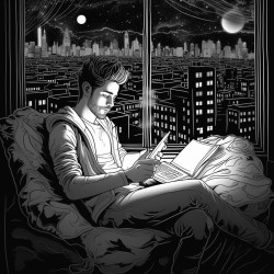 dibuja a un chico de 17 aos mirando ansiosamente a su laptop de fondo libros una ventana que muestra la noche