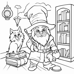 happy wizard in a room playing with cat and owl