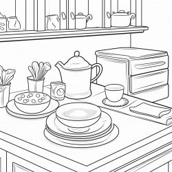 a kitchen with a cake dish on the counter