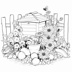 a vegetable garden with bees a compost pile with food waste outside the garden and flowers