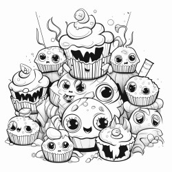 cute monsters baking halloween treats like eyeball cupcakes and spider cookies