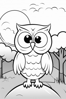 smiling cartoon drawn owl standing in front of a sunrise
