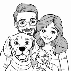 five year old girl with pigtails and glasses with her mom and dad and beagle