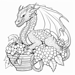 oriental dragon with a  basket of grapes plumes and blackberries