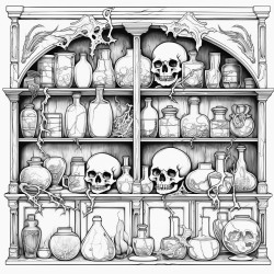 an alchemists cabinet filled with mysterious bottles skulls and ancient scrolls