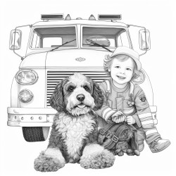 a four year old boy with curly hair with his 2 year old sister with curly hair and goldendoodle dog being fire fighters