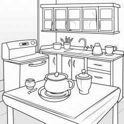 a kitchen with a cake dish on the counter