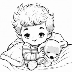 little boy cuddling lamb stuffie in bed