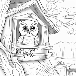 a extreme closeup of a wise old owl threequarter view to the left in a cozy treehouse interior