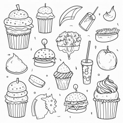 doodle of various food including cupcakes ice cream burger vegetables drink