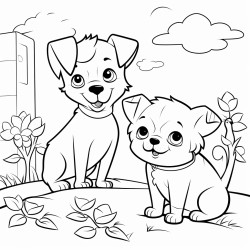 cute kids dogs and cat playing in the garden coloring book for toddlers