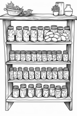 open wooden shelves display mason jars filled with grains dried herbs and spices