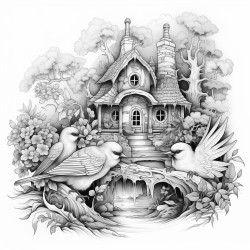 cottage in the woods with stream and birds intricate patterns