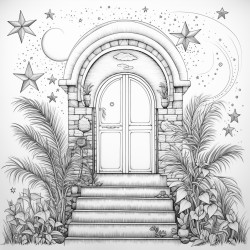 una puerta abierta hacia un horizonte luminoso con detalles de estrellas alrededor