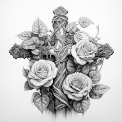 ivy wrapping around a thick wooden cross with a female hand coming up from bottom with a red rose
