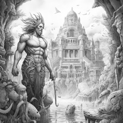 the ruins of an underwater castle and a handsome young merman male mermaid explores around